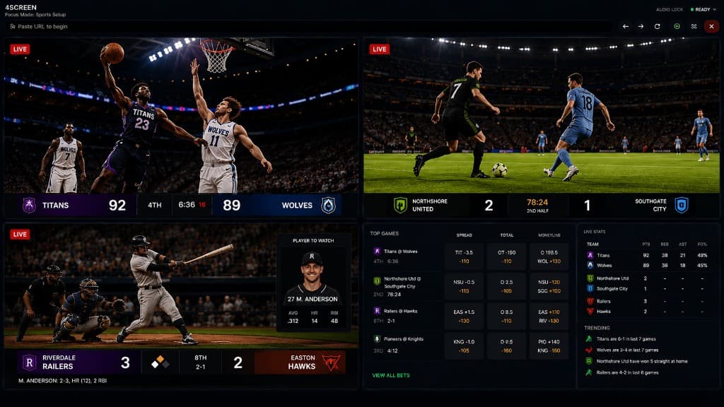 4SCREEN Sports Setup mockup with live games, replay controls, scores, and social feed panels.